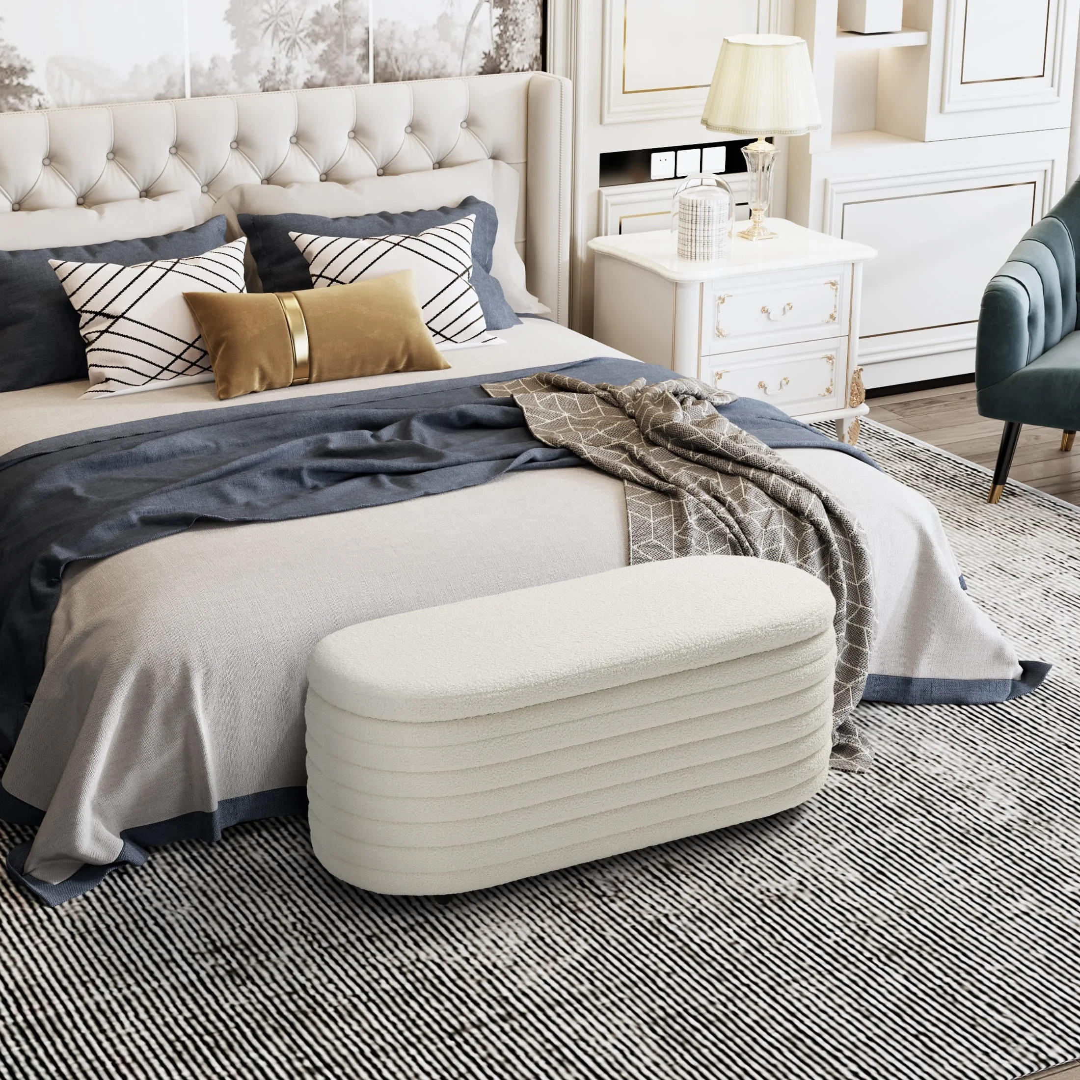 WestinTrends 42" Wide Mid-Century Modern Upholstered Teddy Sherpa Tufted Oval Storage Ottoman Ben... | Walmart (US)