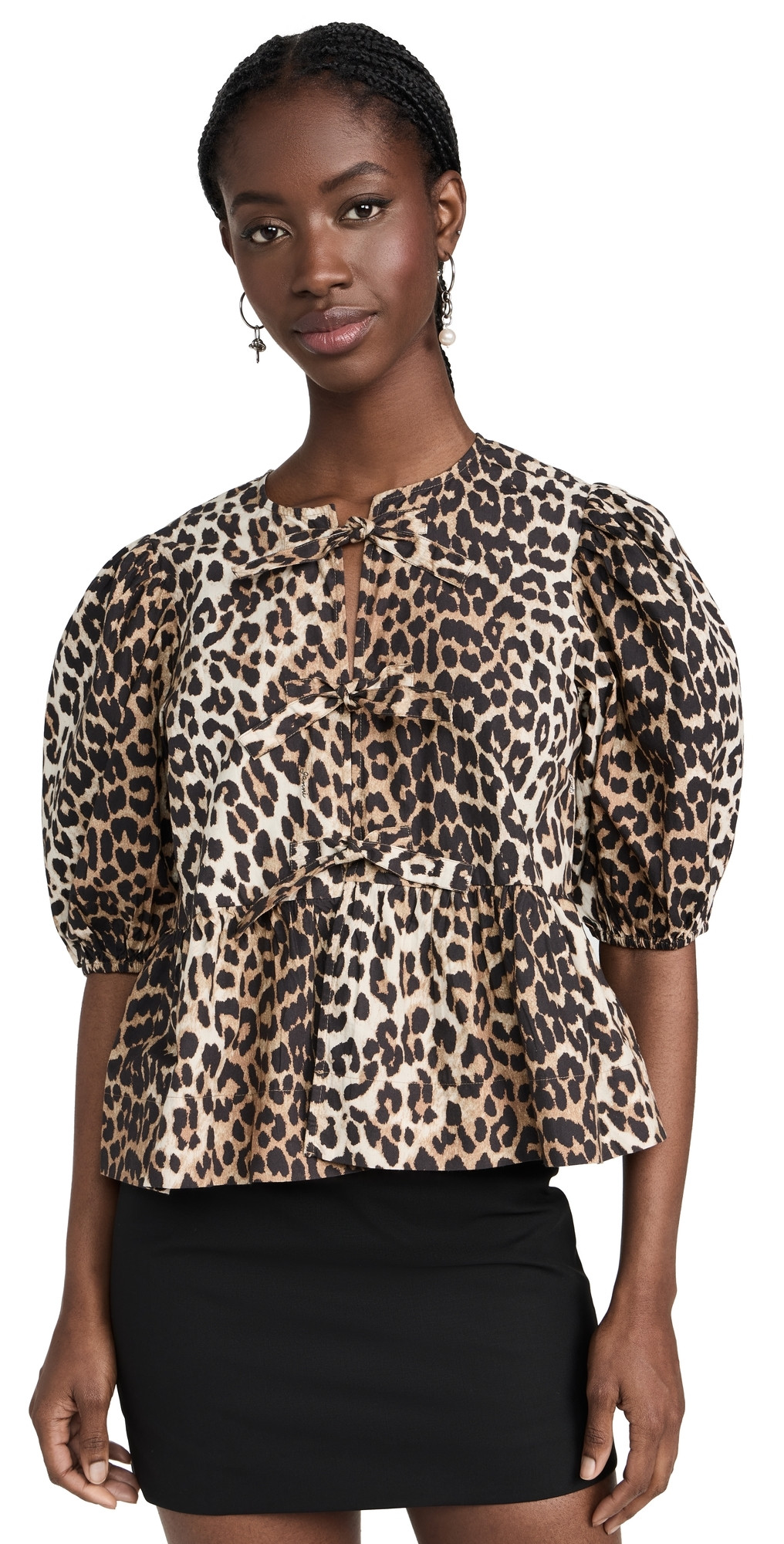 GANNI Printed Cotton Poplin Peplum Blouse Leopard 32 | Shopbop