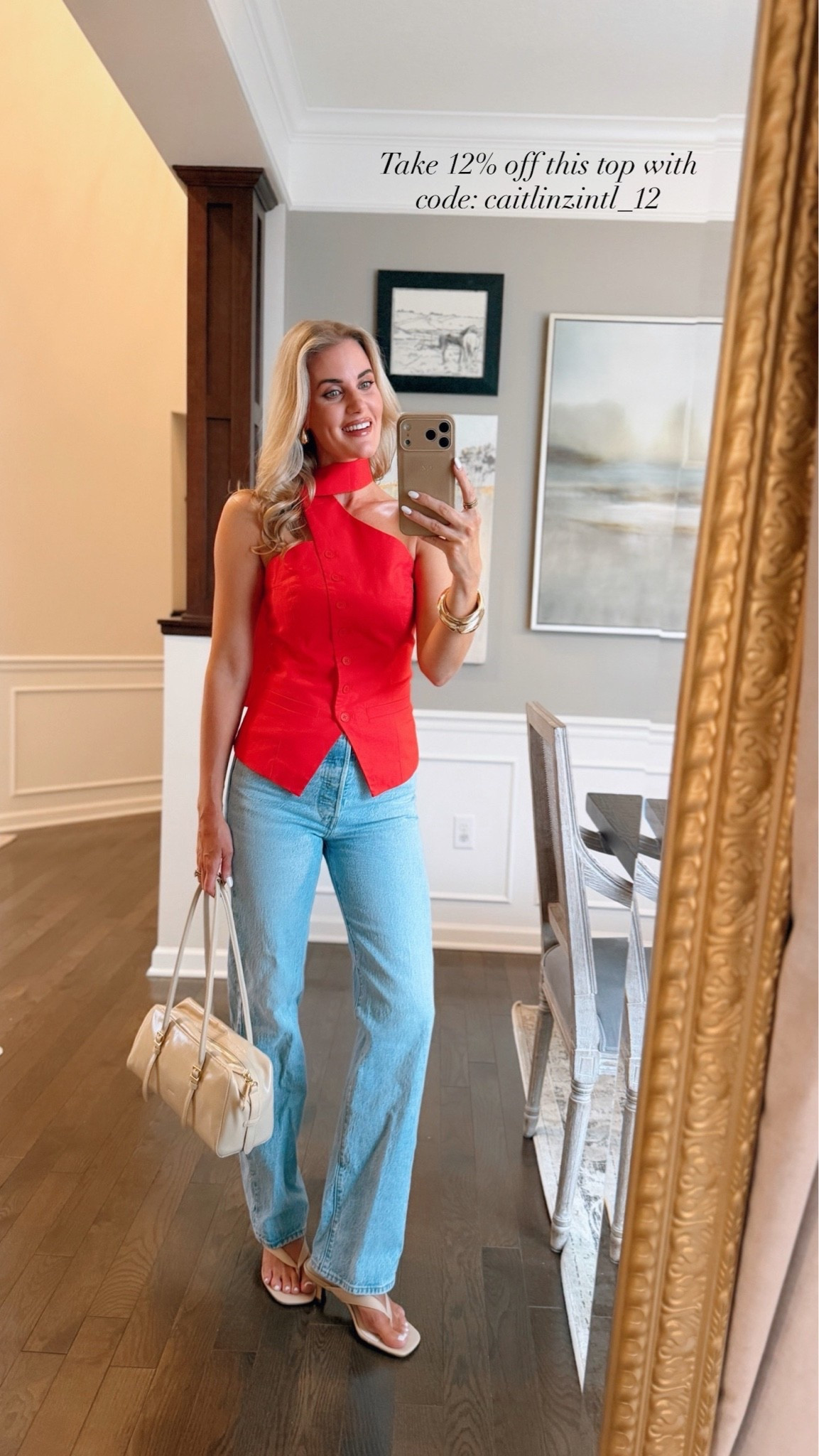 Spring date night outfit - wearing a small in the sleeveless button-down top with scarf, detail, and size 26 in the high-rise, ribcage straight leg Levi’s. Take 12% off my top with code caitlinzintl_12

#LTKootd #LTKSeasonal #LTKSaleAlert