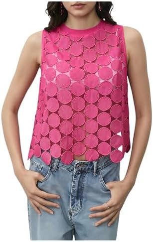 SHENHE Women's Sheer Tank Tops See Through Polka Dots Asymmetrical Top Summer Sleeveless Vest Shi... | Amazon (US)