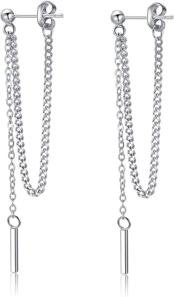 Amazon.com: SLUYNZ 925 Sterling Silver Bar Dangle Earrings for Women Teen Girls Threader Earrings Ch | Amazon (US)