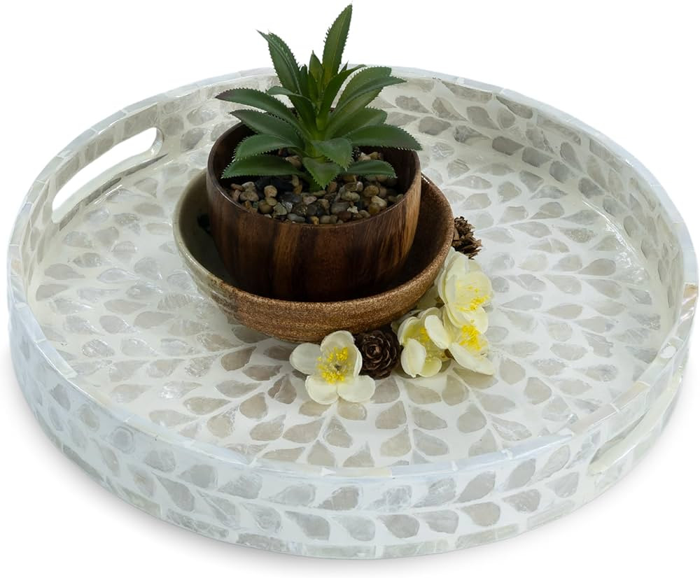 CLAYNIX Serving Tray 12.5 Inch, Lacquer Mother of Pearl Inlay Mosaic Tray, Round Wooden Marble Tr... | Amazon (US)