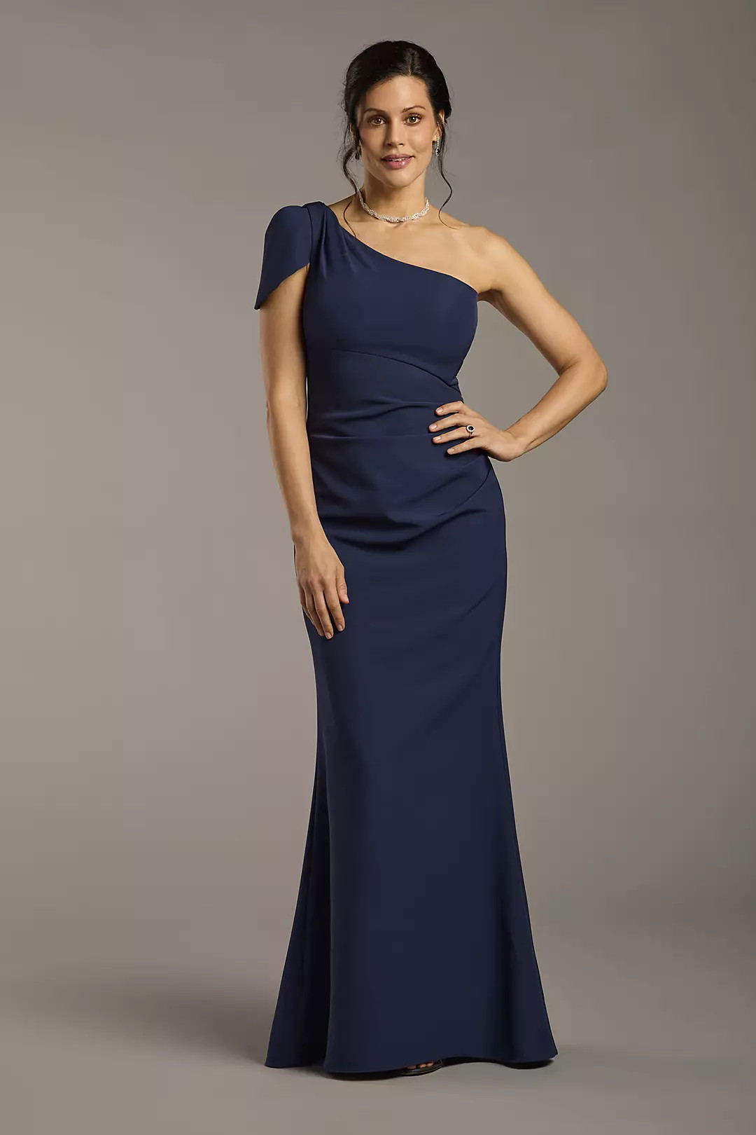 One-Shoulder Draped Crepe Sheath Dress | David's Bridal | David's Bridal