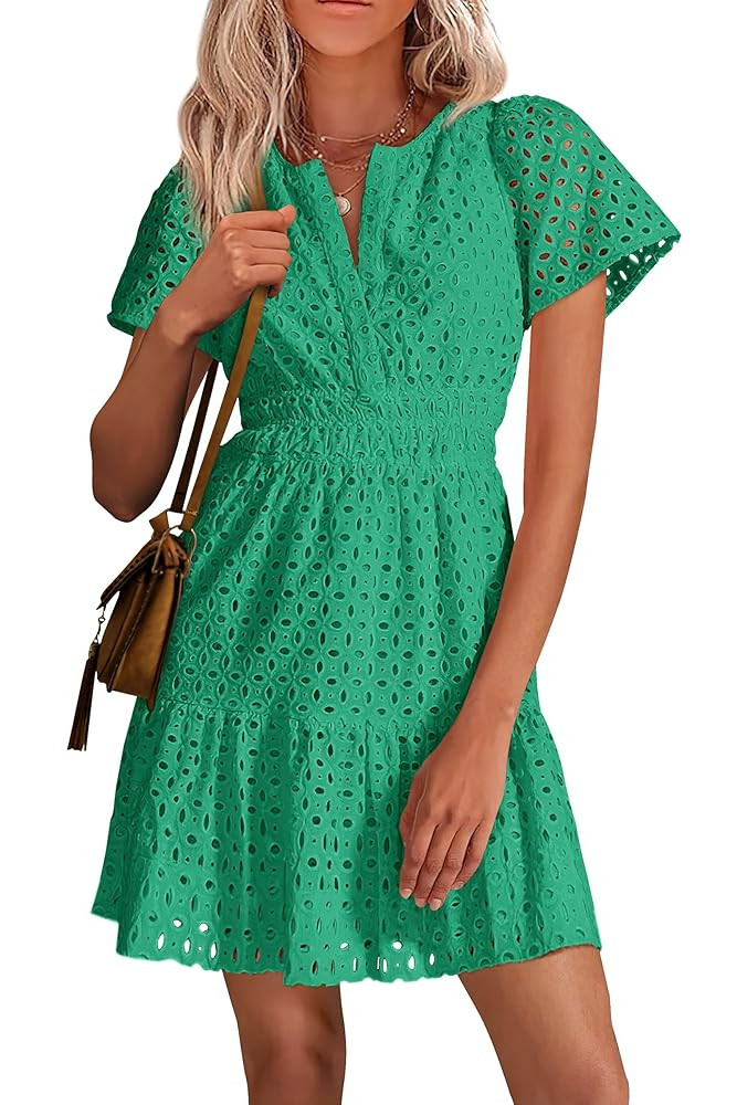 PRETTYGARDEN 2025 Women Summer Short Dress V Neck Short Sleeve A Line Hollow Out Lace Ruffle Cute... | Amazon (US)
