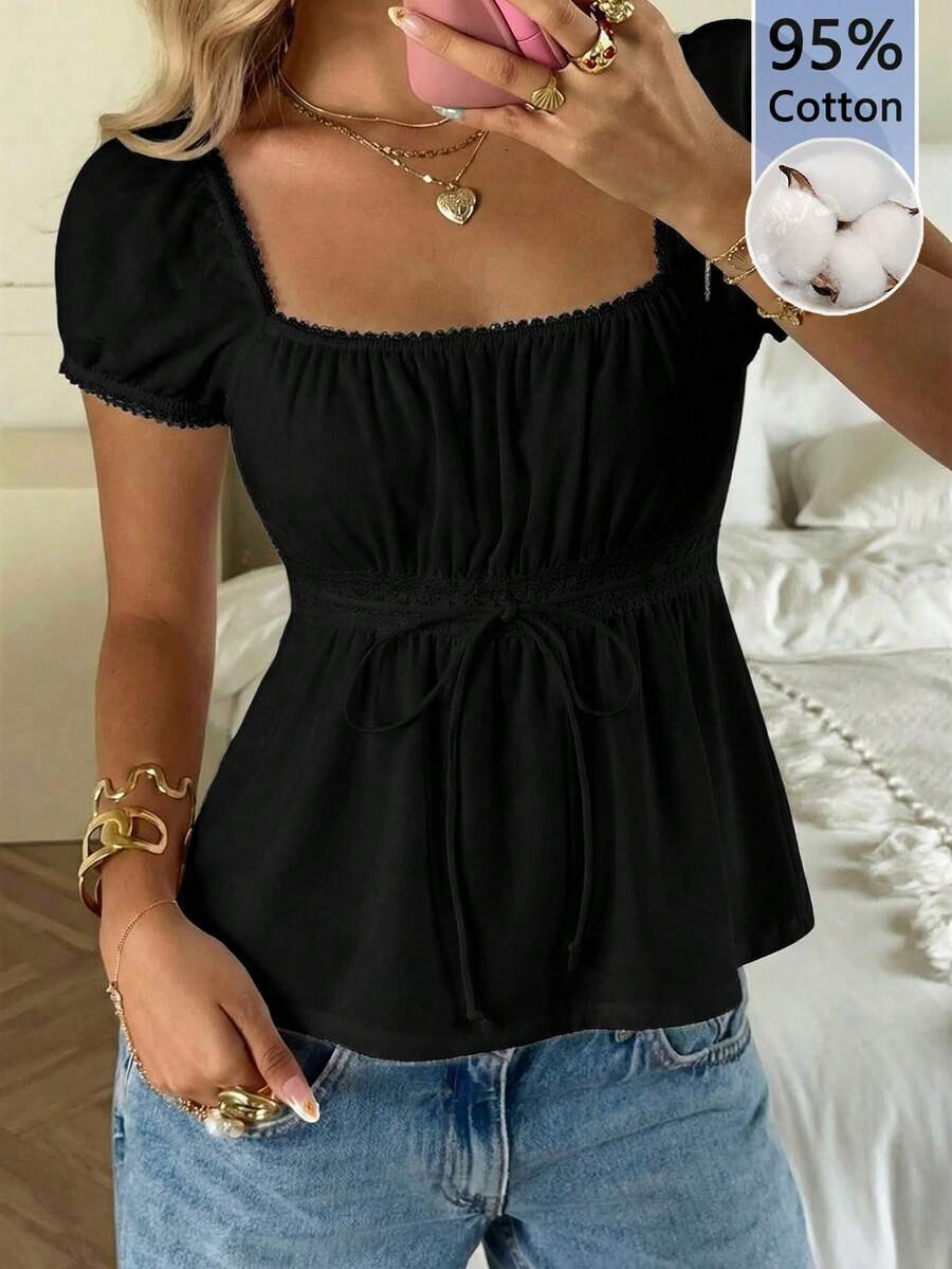 CovetEZ 95% Cotton Black Square Neck Puff Sleeve Tie Front Tee, Summer Top | SHEIN