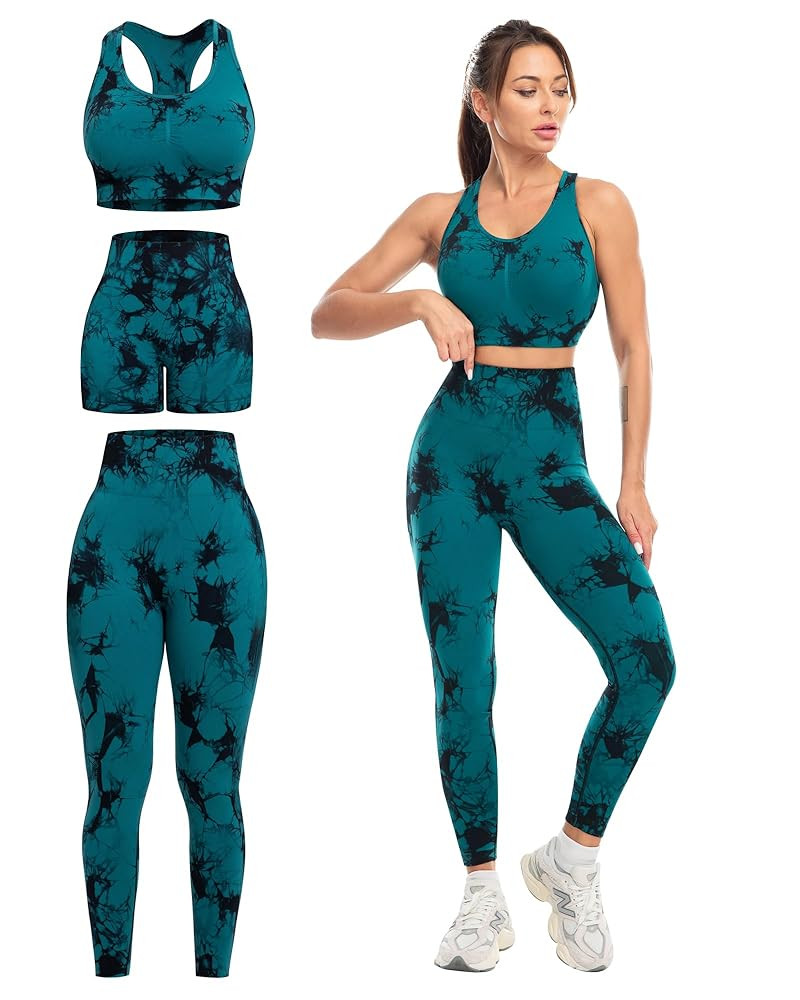 3 Piece Workout Sets for Women Butt Lifting Leggings with High Impact Sports Bra Gym Shorts | Amazon (US)