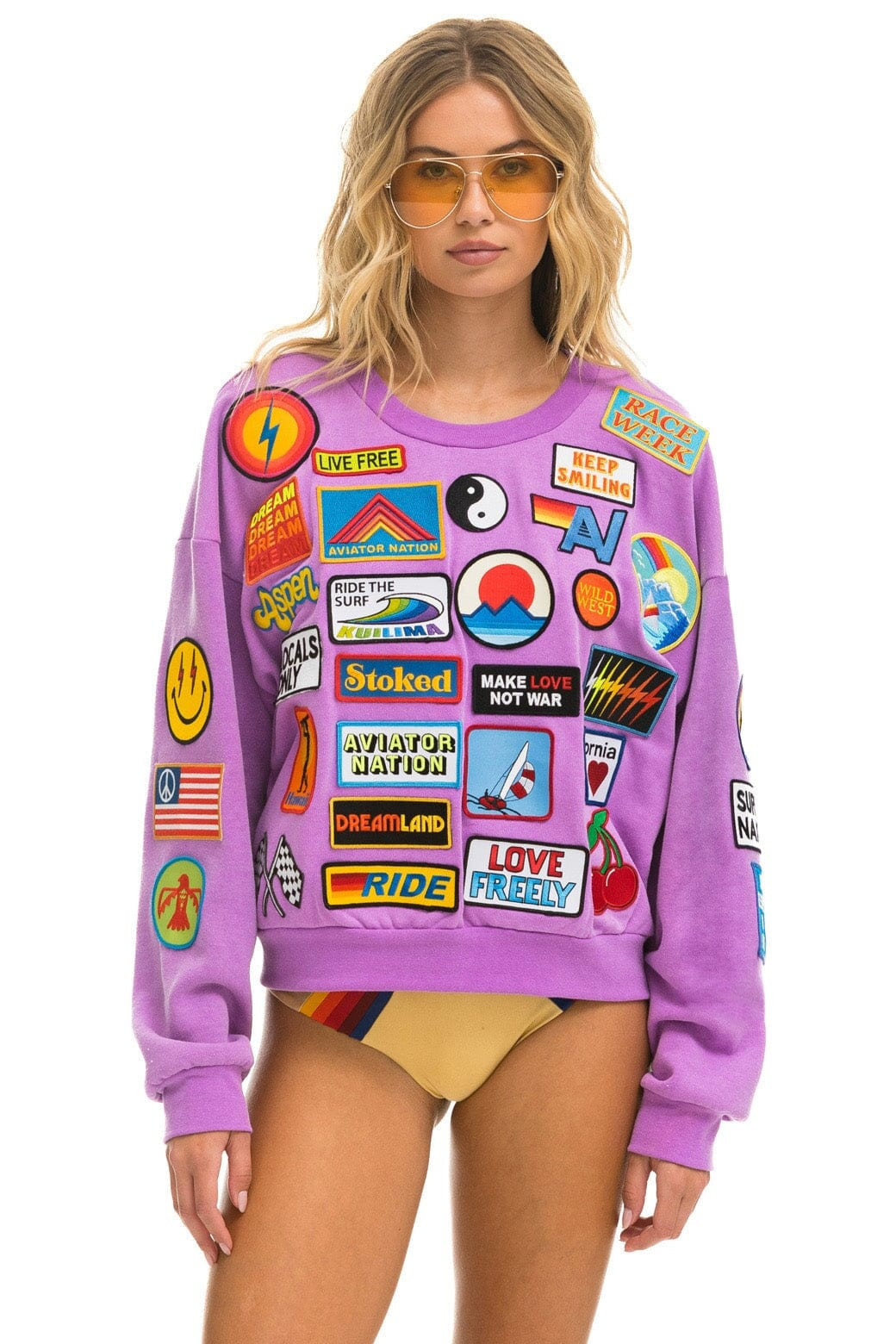 VINTAGE PATCH RELAXED CREW SWEATSHIRT - NEON PURPLE | Aviator Nation
