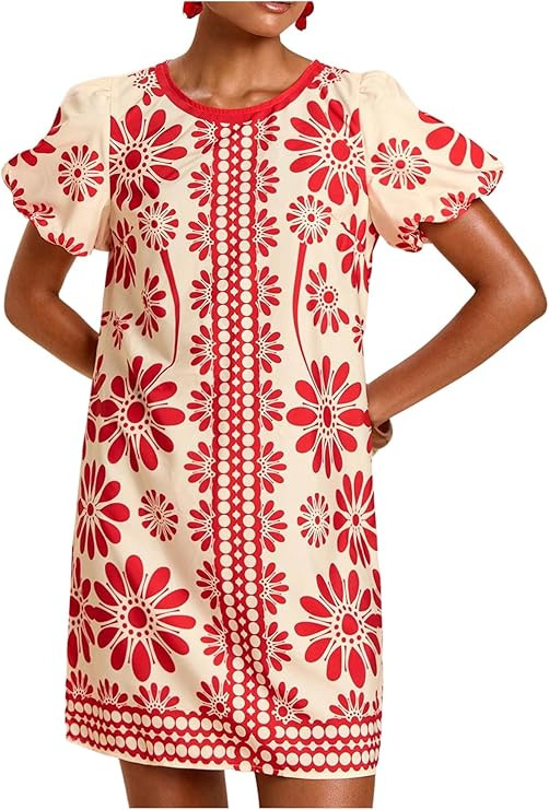Floerns Women's Floral Summer Dress Puff Sleeve Crewneck Beach Vacation Tunic Dresses | Amazon (US)