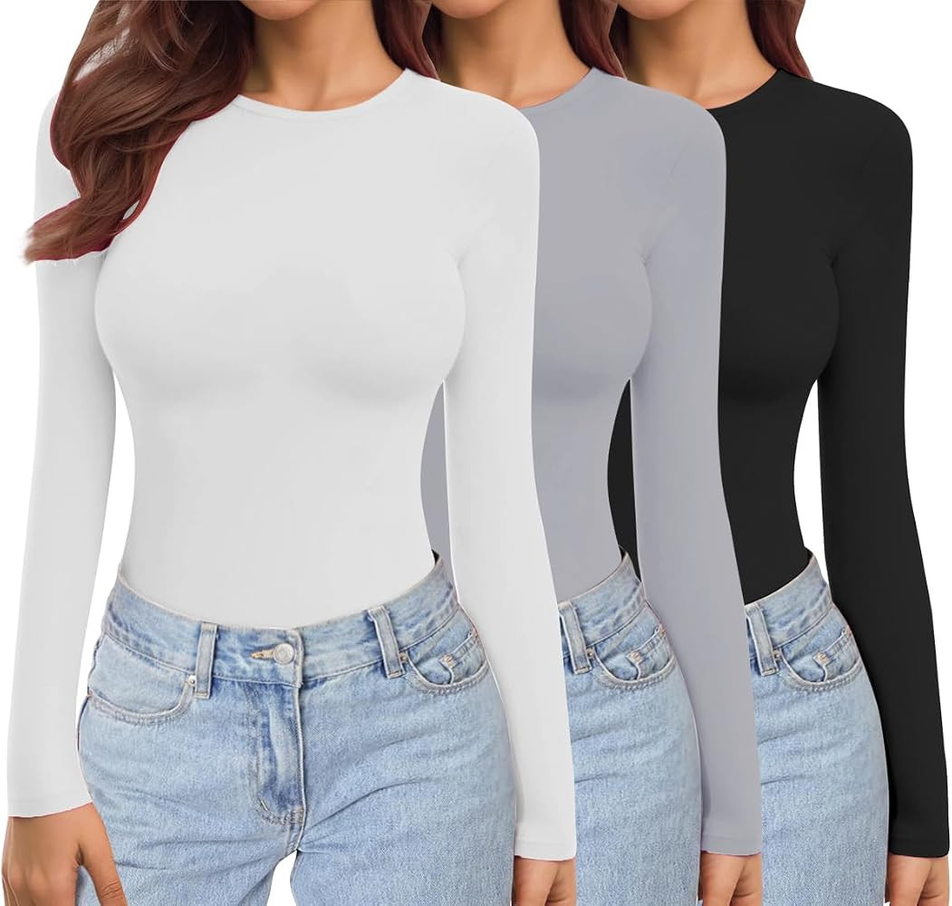 Ekouaer Womens 3 Pack Long Sleeve Tops Crew Neck Thermal Shirts Set Stretch Fitted Underscrubs La... | Amazon (UK)