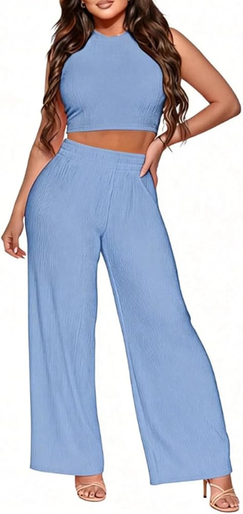 Women's 2 Piece Outfit Casual Lounge Set Comfy Ribbed Knit Crop Top Pants Sweatsuit Trendy Going ... | Amazon (US)