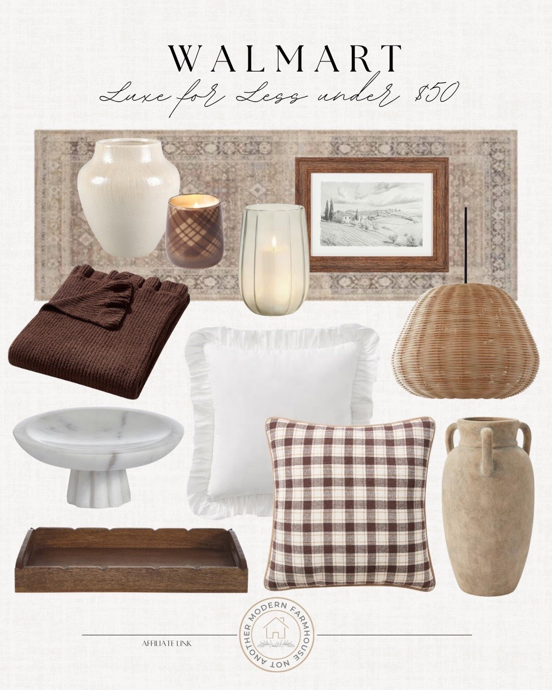 Luxe for less under $50 includes pendant light, runner rug, throw pillows, vase, candle, throw blanket, decorative bowl, decorative tray.

Home decor, looks for less, neutral home, fall home finds

#LTKSaleAlert #LTKHome #LTKSeasonal