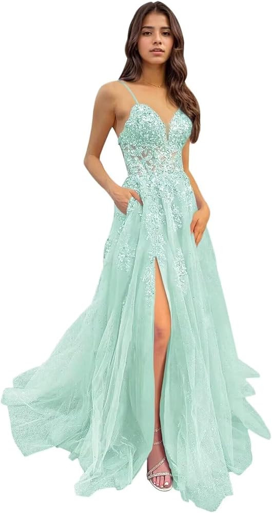 A-Line Tulle Prom Dress for Women Spaghetti Straps Corse Sparkly Sequin Lace Applique Long Evening Dresses with Slit | Amazon (US)
