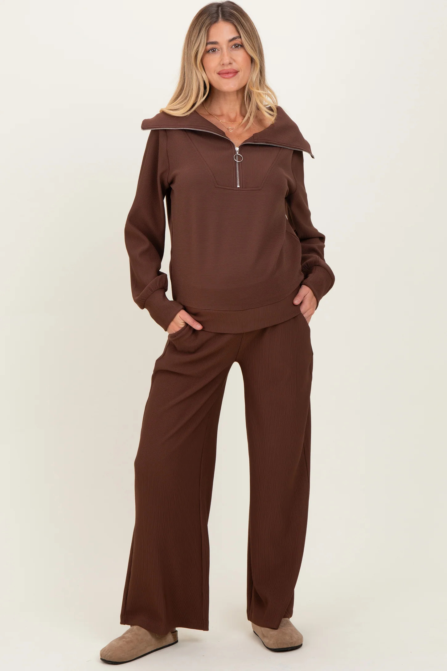 Brown Ribbed Half Zip Pullover Wide Leg Pant Maternity Set | PinkBlush Maternity