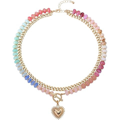 Layered Necklaces for Women, 14K Gold Plated Heart Pendant & Colorful Acrylic Beaded Choker, Cute... | Amazon (US)