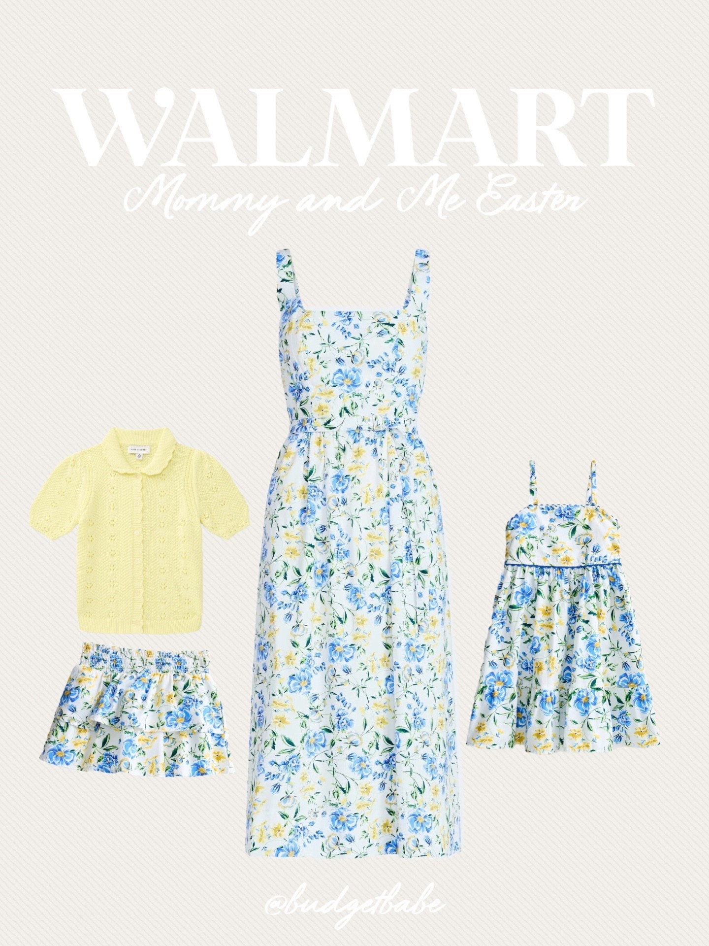 Walmart mommy and me Easter outfits and dresses featuring the prettiest blue white and yellow floral print. #walmartfashion 