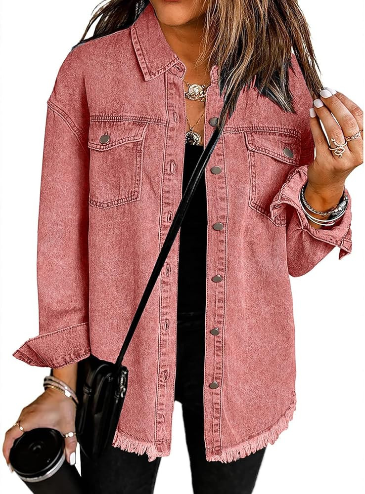 Vetinee Women’s Oversized Button Up Frayed Hem Shacket Long Sleeve Pockets Denim Jean Jacket | Amazon (US)