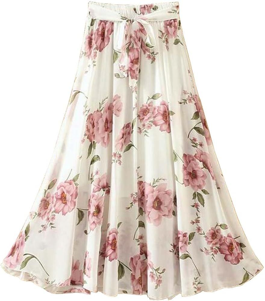 Women Elastic Waist Floral Print Skirt Chiffon Long Skirt Beach Skirt, Pink | Amazon (US)