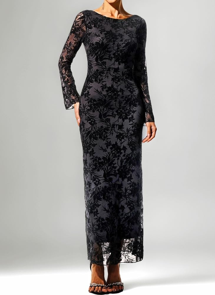 BELLA BARNETT Black Backless Long Sleeves Velvet Dress Round Neck See Through Lace Maxi Evening C... | Amazon (UK)