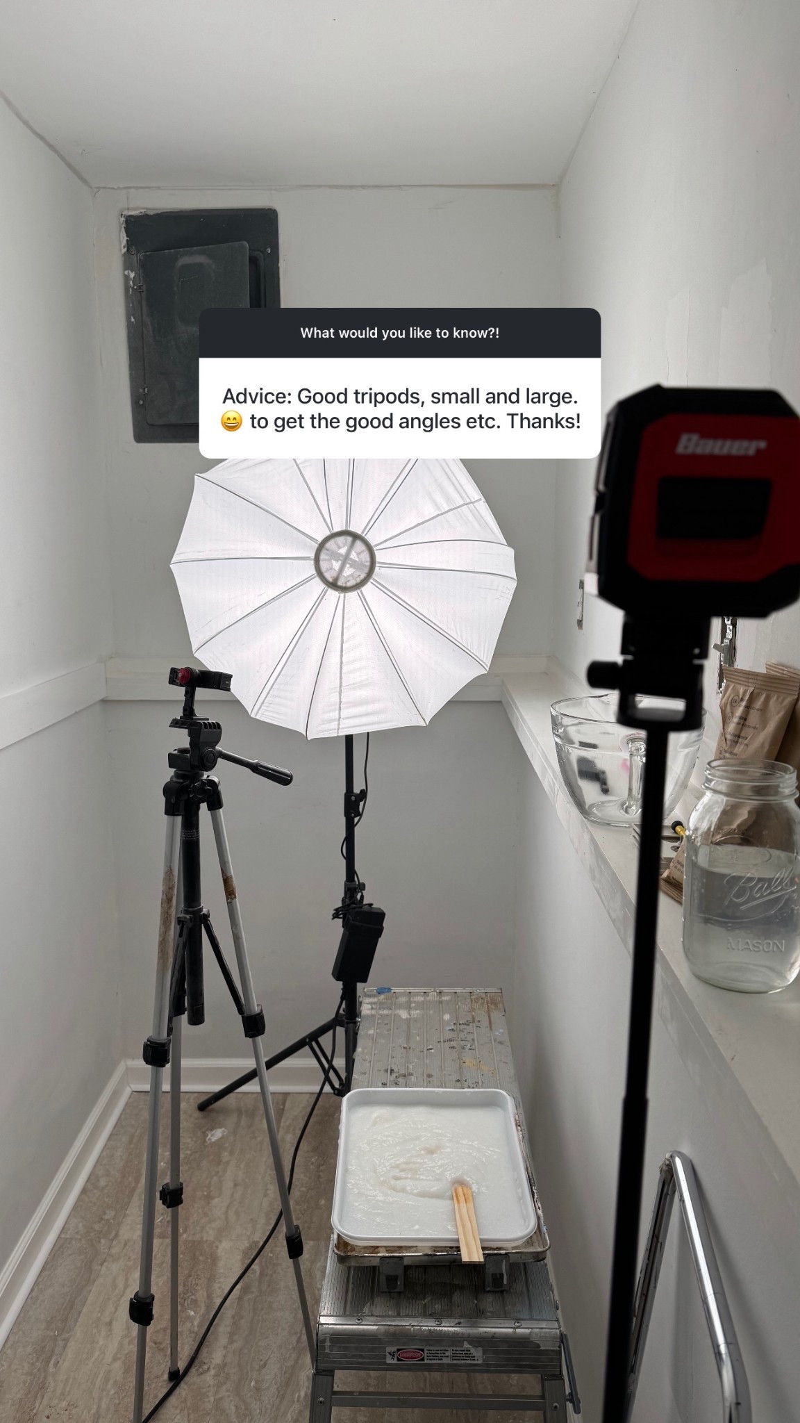 My studio light, plus my go to cheap tripod, smaller octopus tripod, and ring light. 

The tripod on the left is from the 90’s so I probably cannot link that one.