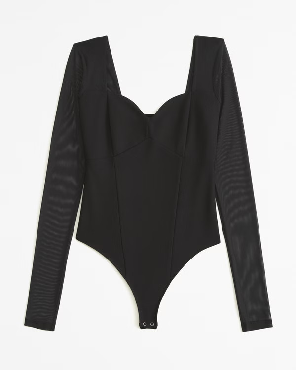 Long-Sleeve Mesh Crepe Sweetheart Bodysuit | Abercrombie & Fitch (US)