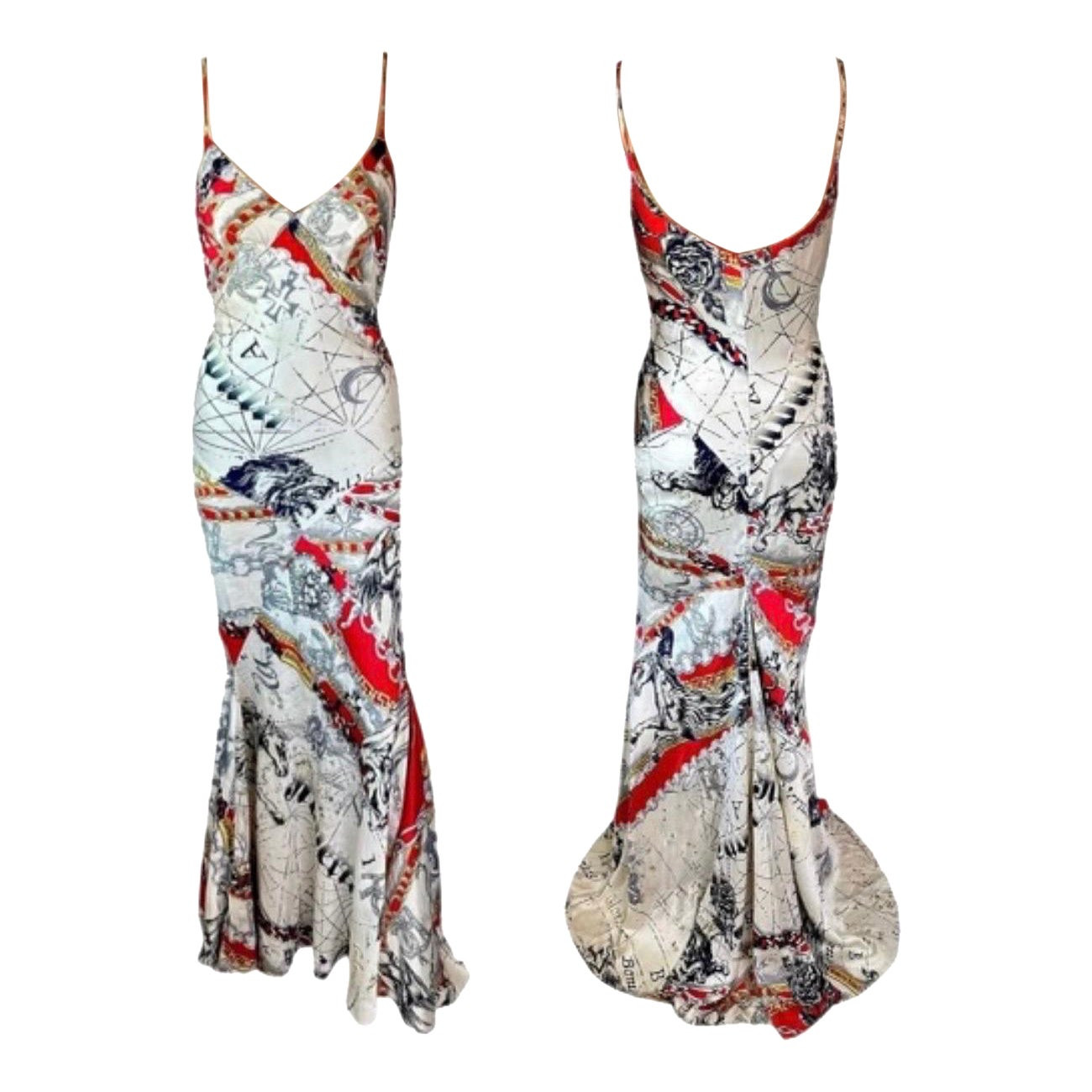 Roberto Cavalli F/W 2003 Constellation Print Slip Silk Train Evening Dress Gown | 1stDibs