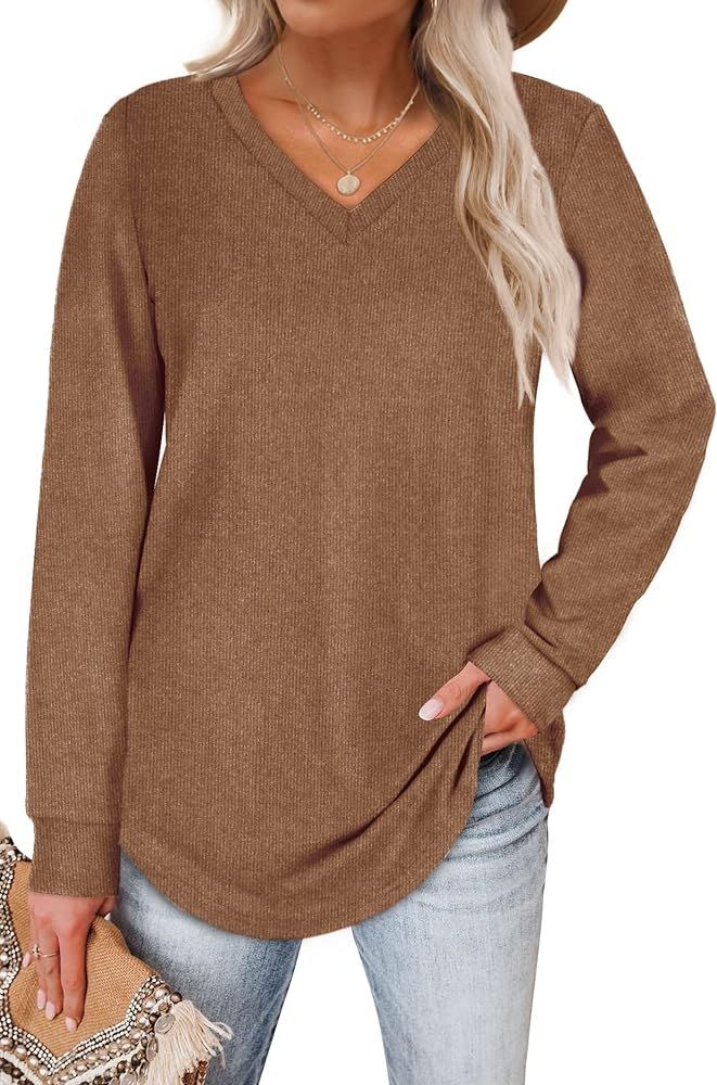 WIHOLL Sweaters for Women V Neck Long Sleeve Shirts Loose Casual Tops | Amazon (US)