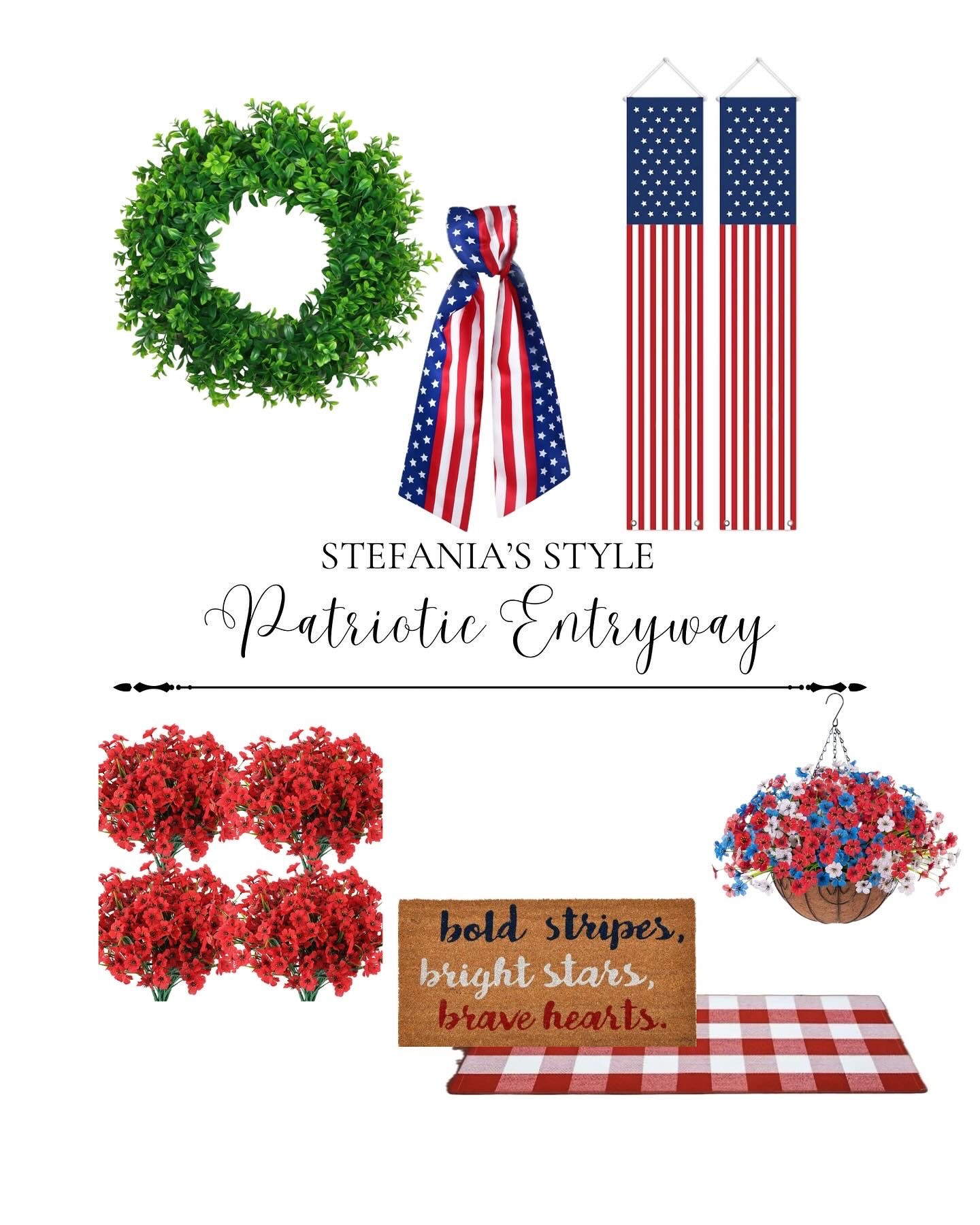 Patriotic Entryway Inspo 🇺🇸 Obsessed with these fabulous items!! All are featured in my Americana Vibes Post. I wanted to re-share this from last year because all of you loved it! 
Perfect for Memorial Day and The Fourth of July!🇺🇸