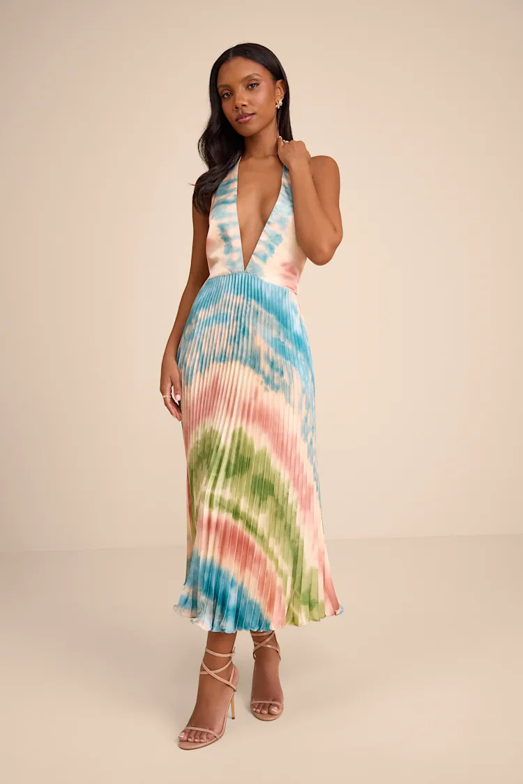 Rhoda Blush Multi Tie-Dye Satin Halter Midi Dress | midsize vacation dresses  | Lulus