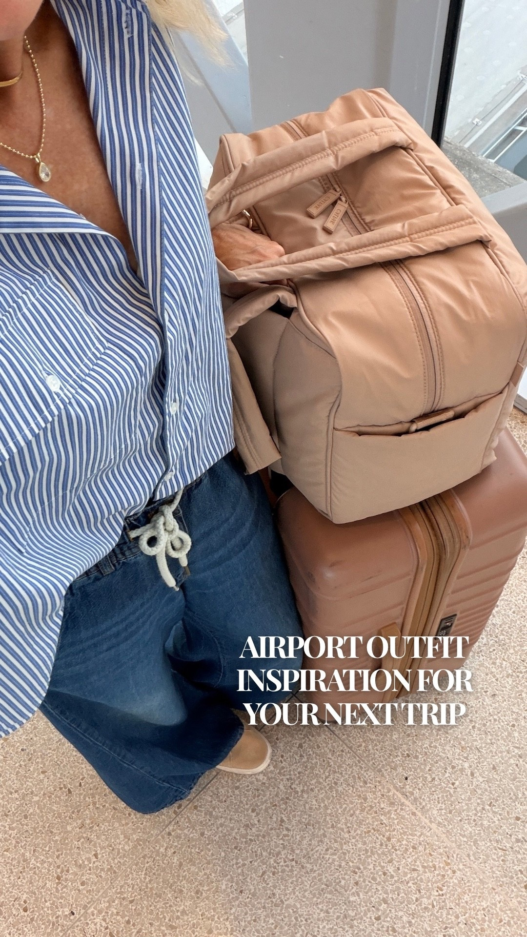 A travel outfit that keeps things classic and comfortable. A blue-and-white striped button-down, relaxed wide-leg jeans, and neutral sneakers make such an easy airport outfit. I love pieces that feel comfortable for the journey but still look polished enough to head straight into vacation mode.
Versatile basics like these are always worth packing because they work well beyond the airport, too!