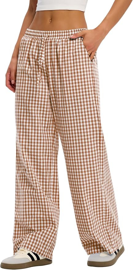 LOMON Striped Gingham Pants Women 2025 Fall Pajamas Cute Wide Leg Pj Lounge Boxer Bottoms Drawstr... | Amazon (US)