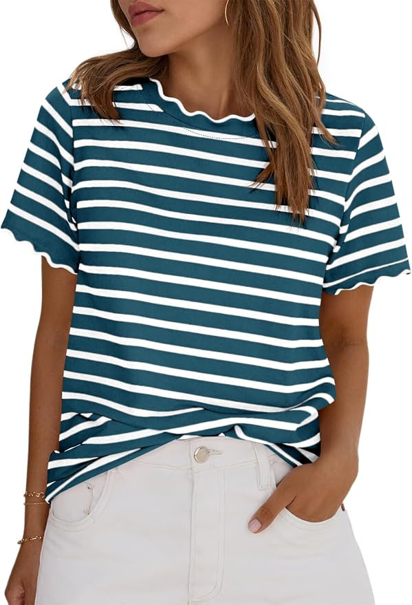Tankaneo Womens Short Sleeve Striped Tshirt Summer Colorblock Scalloped Top | Crew Neck with Scal... | Amazon (US)