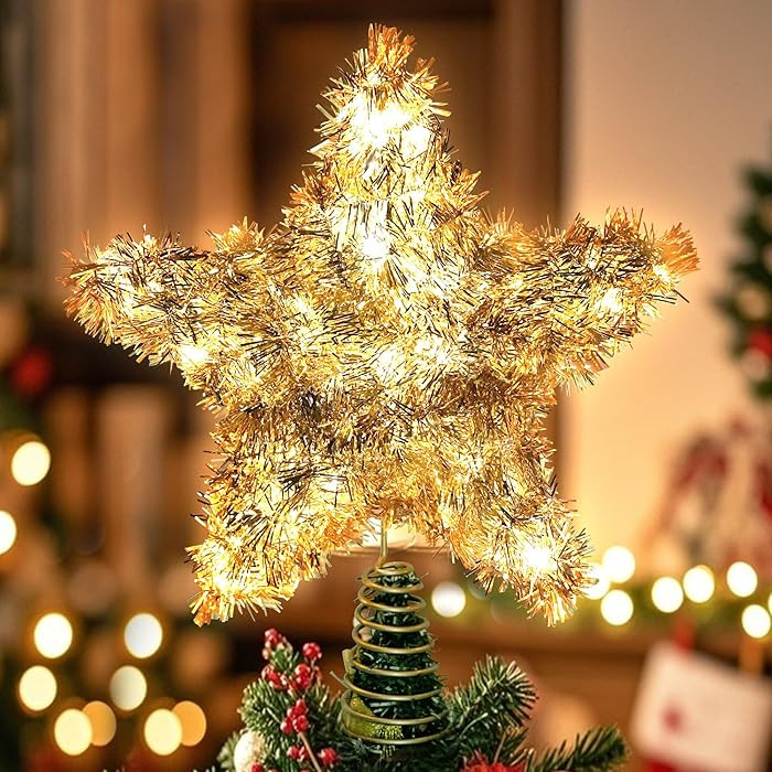 Christmas Tree Topper Star Shiny Gold Tinsel Star Tree Topper 10 Inch Lighted Tree Topper Battery... | Amazon (US)