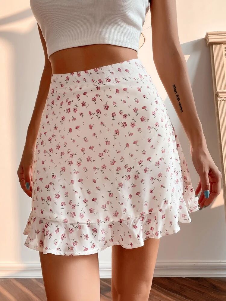 Ruffle Hem Ditsy Floral Skirt | SHEIN