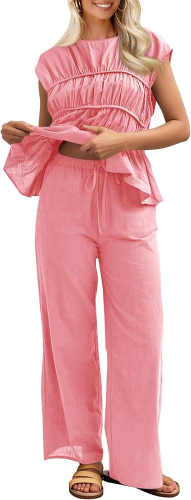 Tankaneo Womens 2 Piece Sets Summer Linen Babydoll Peplum Pleated Tank Top Pants Set Cotton Trave... | Amazon (US)