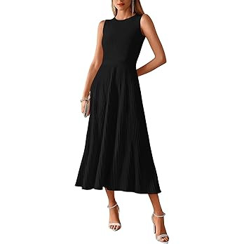 BTFBM Women Tank Midi Dress Summer Crewneck Sleeveless Pleated A Line Business Casual Formal Swea... | Amazon (US)