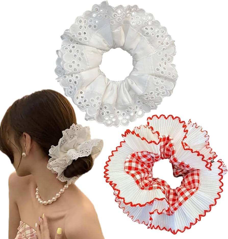 2 PCS White Scrunchies Large Lace Scrunchies for Women Oversized Scrunchy Hair Ties Fancy Satin H... | Amazon (US)