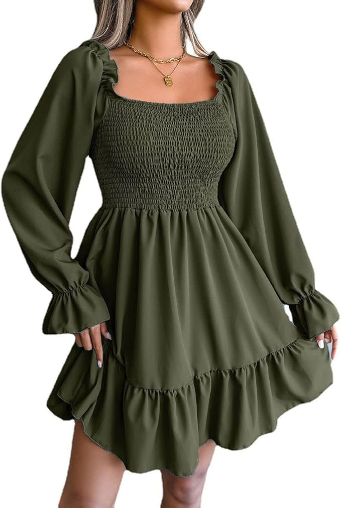 Womens Puff Sleeve Smocked Dresses Square Neck A Line Swing Flowy Ruffle Hem Babydoll Mini Dress | Amazon (US)
