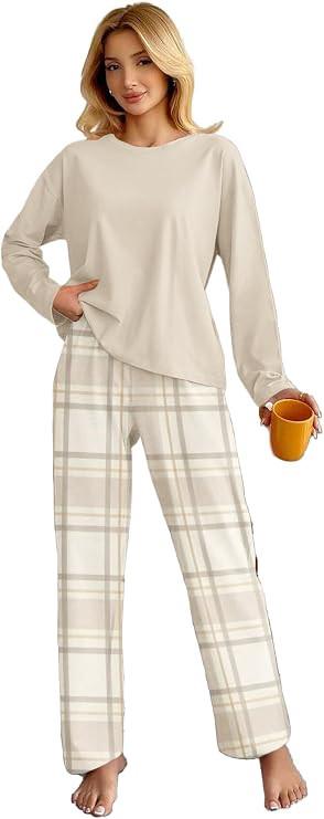 Womens Pajama Set Fall Winter 2 Piece Pajama Sets Long Sleeve Soft Pajama Top and Plaid pajama pa... | Amazon (US)