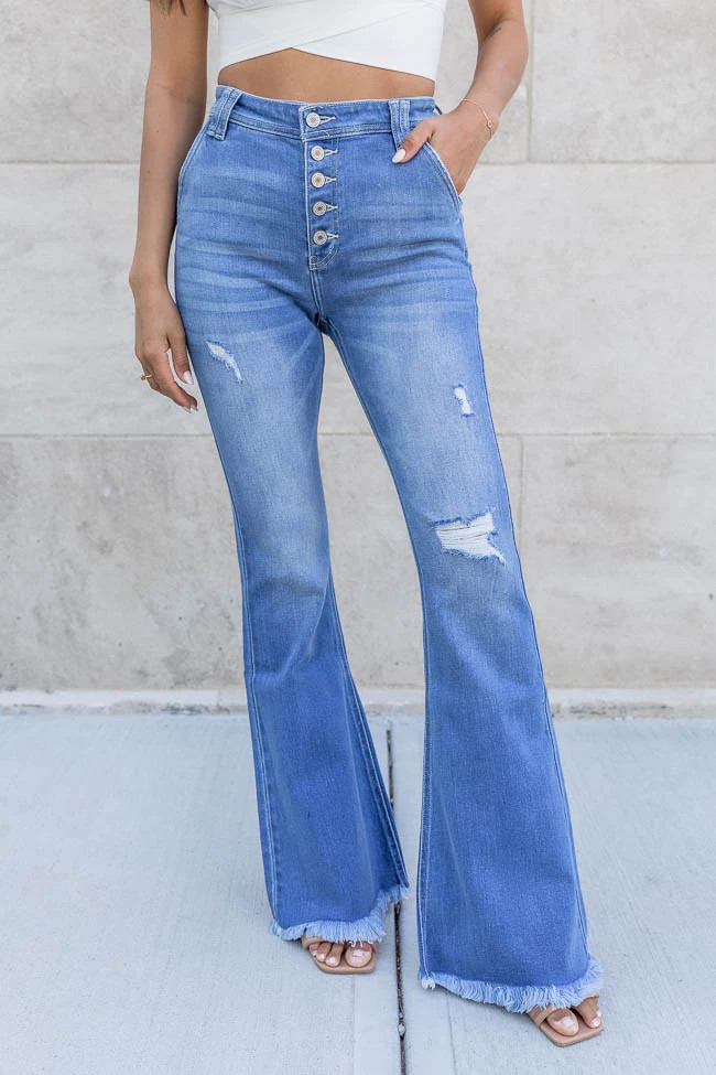 Kelly Distressed Flare Medium Wash Jeans | Pink Lily