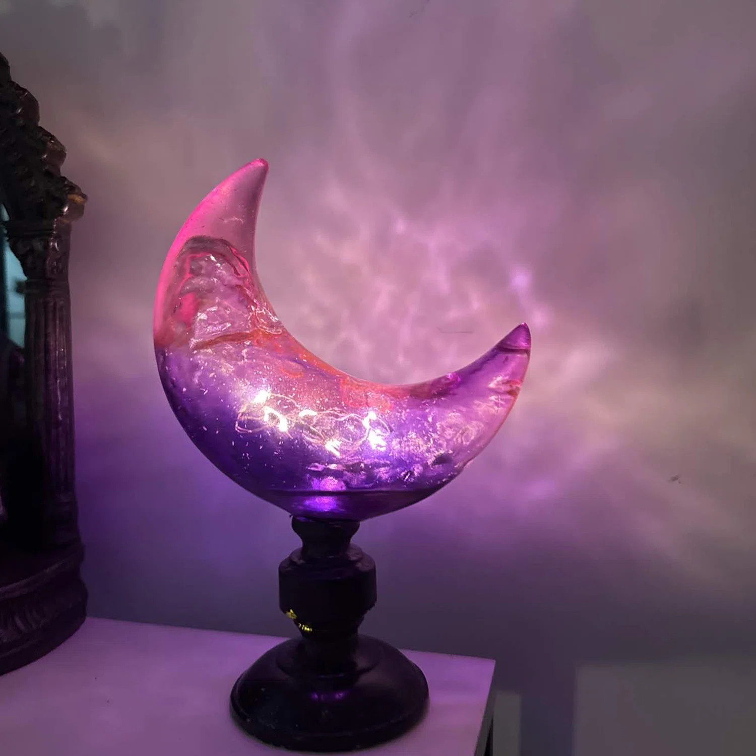 Halloween Purple Glass Moon Ornament With Led Lights, Swirled Pattern & Black Pedestal For Hallow... | Wayfair North America