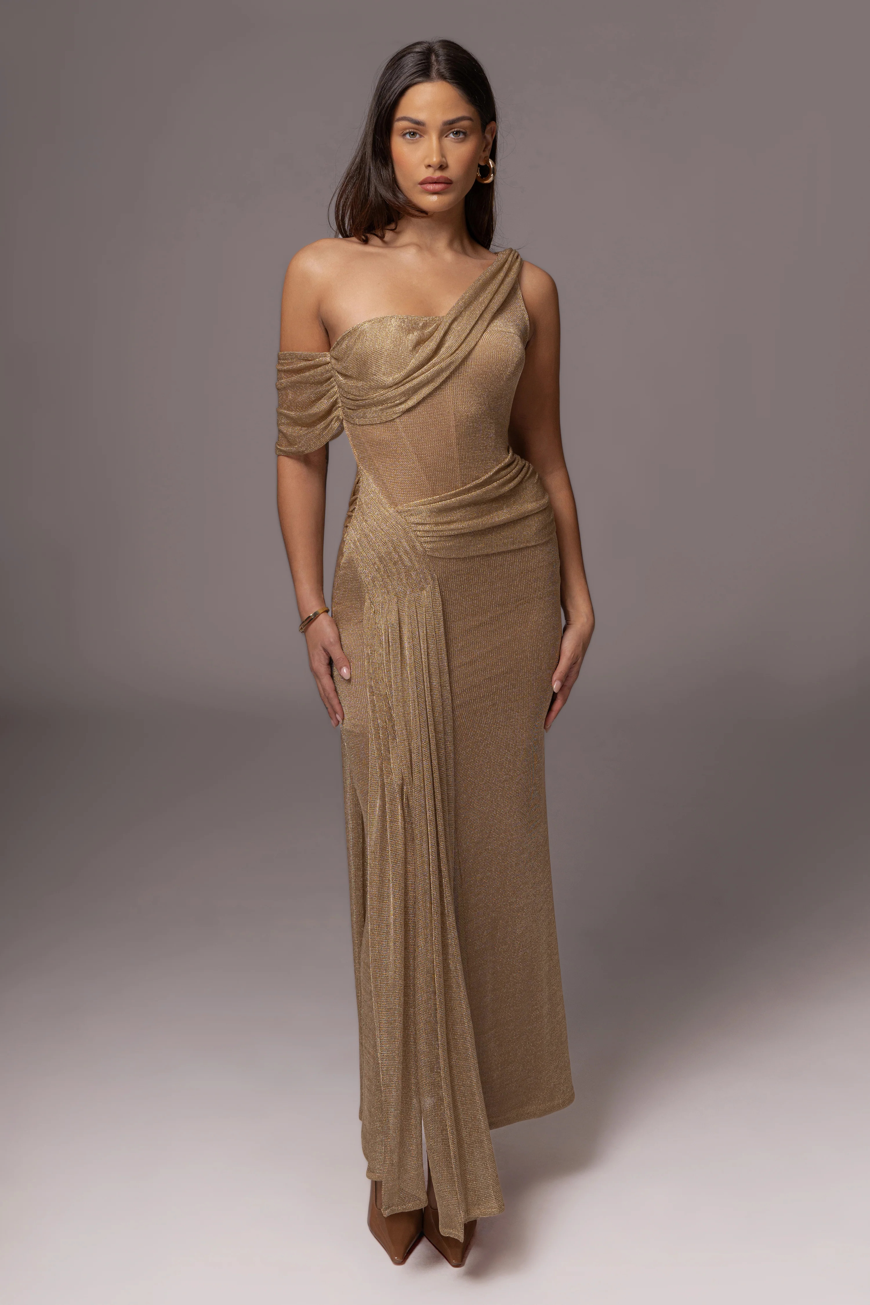 Gold Draped Metallic Maxi Dress | JLUXLABEL