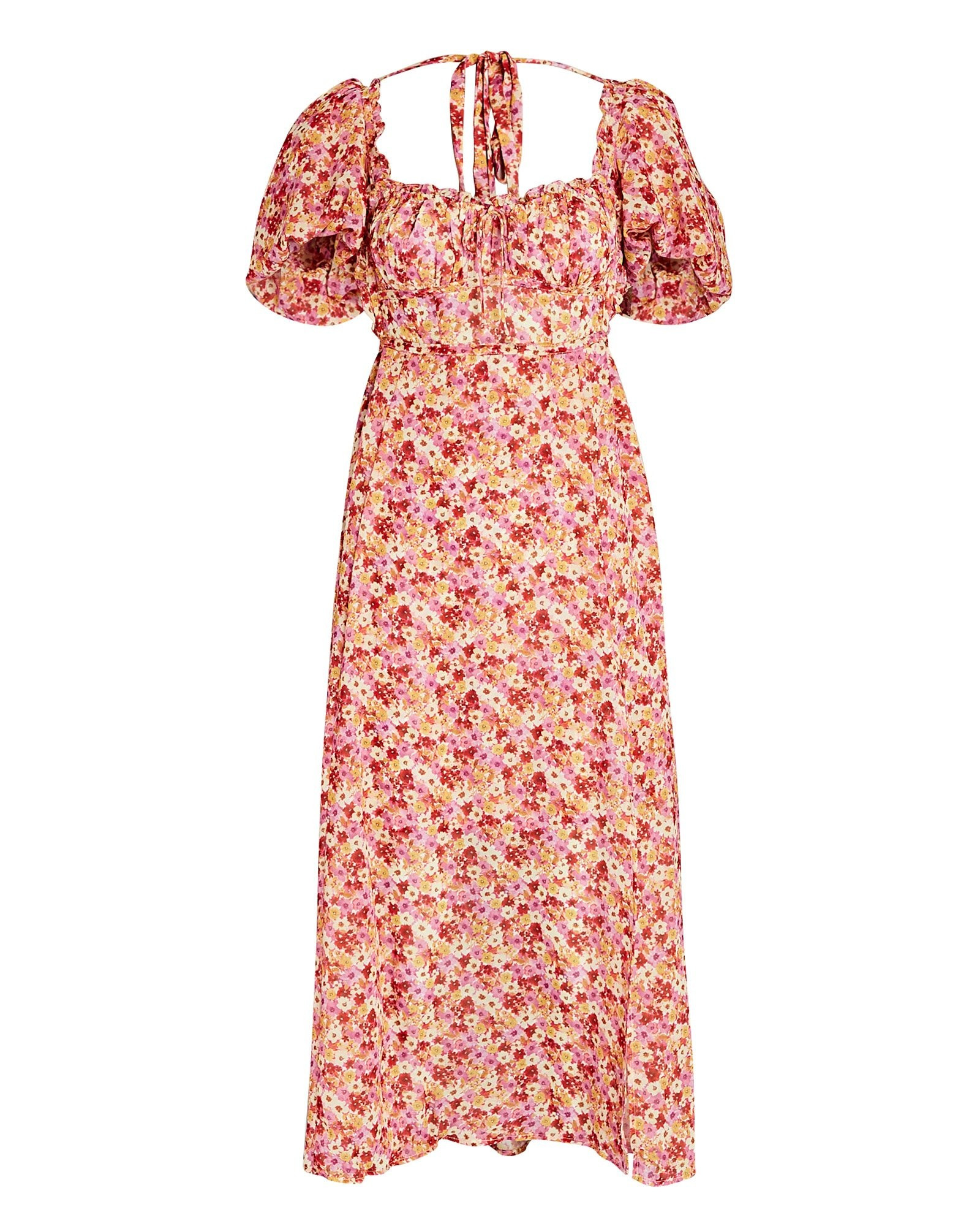 For Love & Lemons Felicia Tie-Back Floral Midi Dress, Red P | INTERMIX