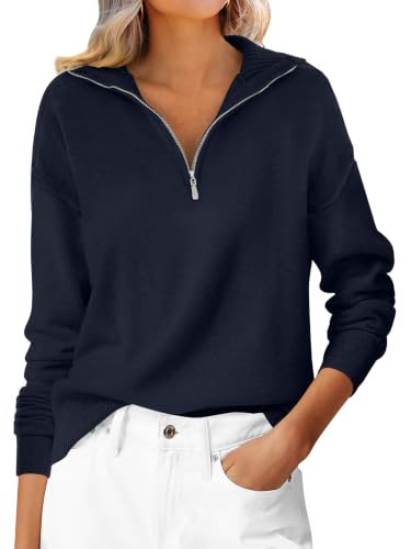 ANRABESS Womens Fall Quarter Zip Collared Pullover Sweaters Navy Solid L | Amazon (US)