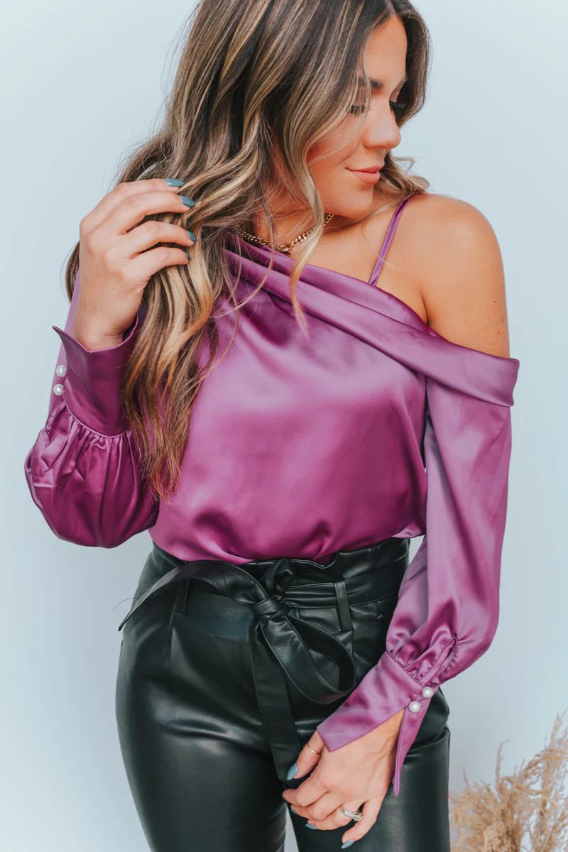 Whisk Me Away Orchid Satin One Shoulder Top | Apricot Lane Boutique