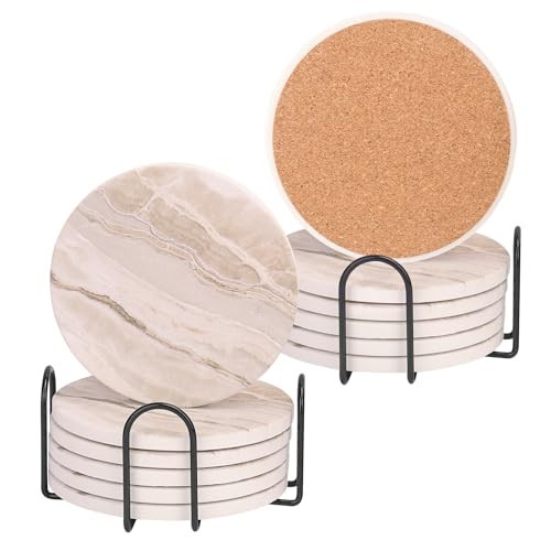 12 Pcs 4 Inch Marble Coaster Set with Holder, Absorbent Ceramic Stone Coasters, Drink Coasters, Modern Coasters, Marble-Style Design with Non-Slip Cork Base by KUKLIPJIM | Amazon (US)