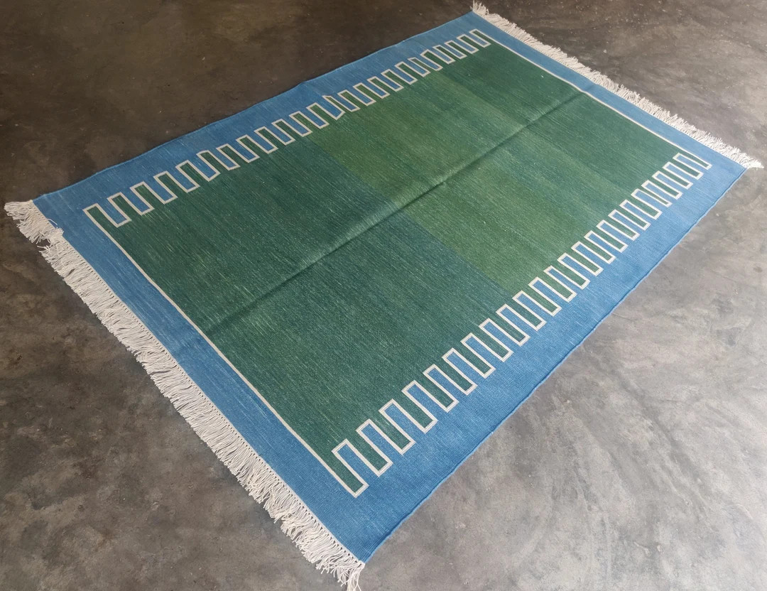 Modern Handmade Cotton Area Flat Weave Rug, Natural Vegetable Dyed, Forest Green & Blue Zig Zag S... | Etsy (US)