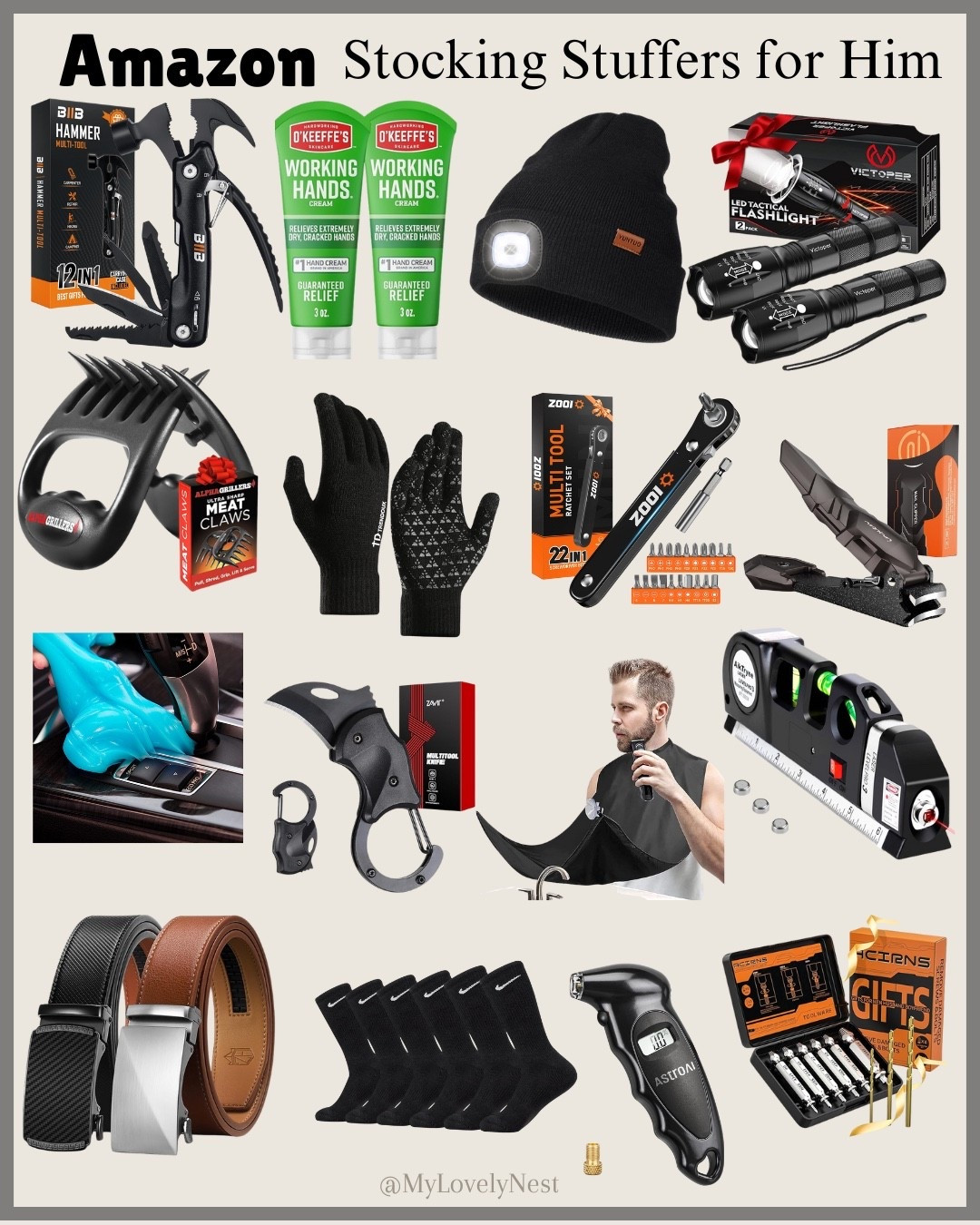 When you want a gift that feels thoughtful and useful 🎁
This list has him covered: beard bib apron, Nike performance socks, nail clippers with catcher, pocket knife, leather belt, 12-in-1 hammer multitool, ratchet screwdriver set, digital tire pressure gauge, LED beanie, winter gloves, meat shredder claws, damaged screw extractor, LED flashlights, laser level kit, hand cream for extreme dryness, and car cleaning gel.

#LTKMens #LTKHoliday #LTKGiftGuide