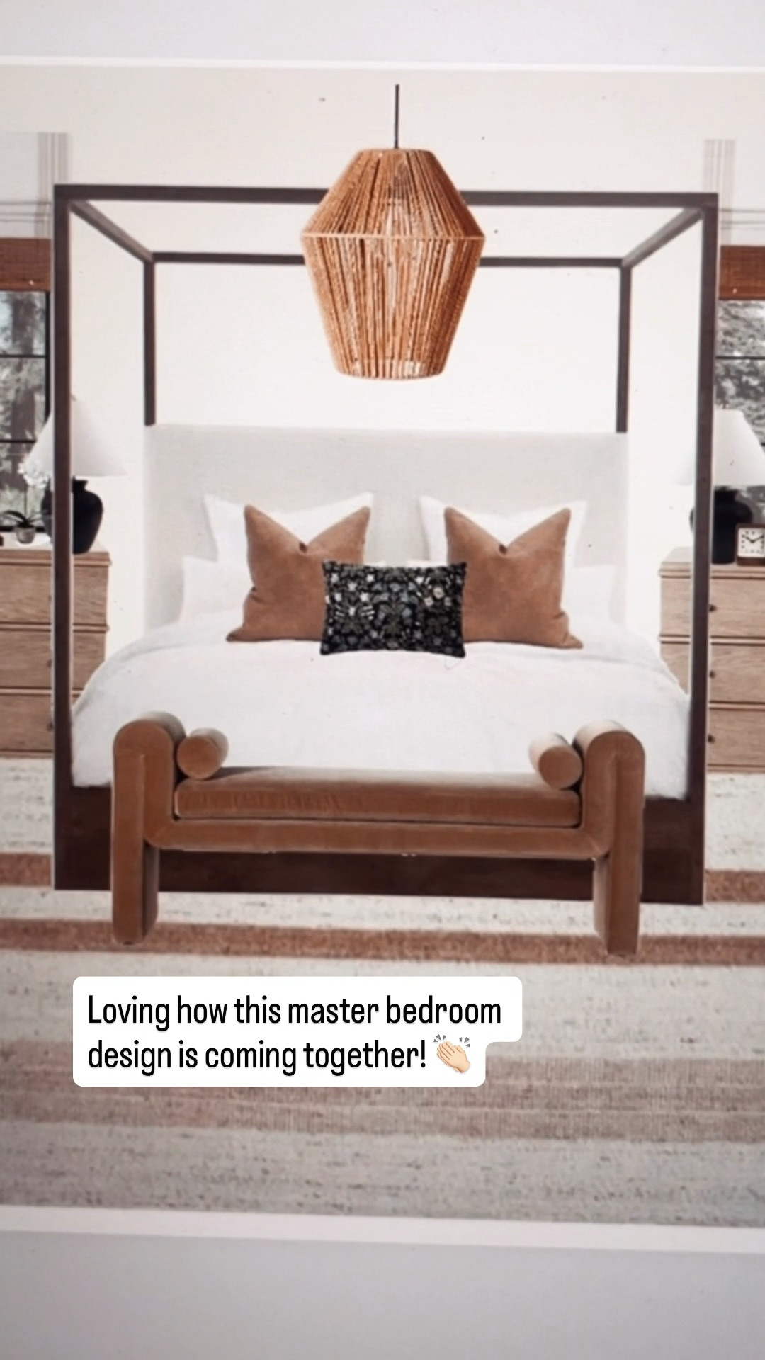 California casual master bedroom refresh with a four poster canopy bed, natural wood side chests, and striped wool area rug. 

We are including a sitting area with chaise lounge and double dresser on opposite wall. I also love the woven rattan pendant light. 

The perfect bedroom retreat! 🙌🏻 


🏡 Through my flat-rate virtual design packages, I create complete room plans - including layout, furniture selections, finishes and shoppable links - so you can confidently bring your space to life. Visit mendezmanor.com to reserve your package. 👍🏻






#LTKHome #LTKmomlife #LTKstorytime

#LTKHome