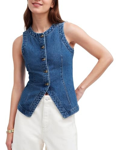 Rseoutlh Women's Denim Vest Sleeveless Button Down Casual Jean Crewneck Waistcoat Denim Top, Deep Blue, X-Small | Amazon (CA)