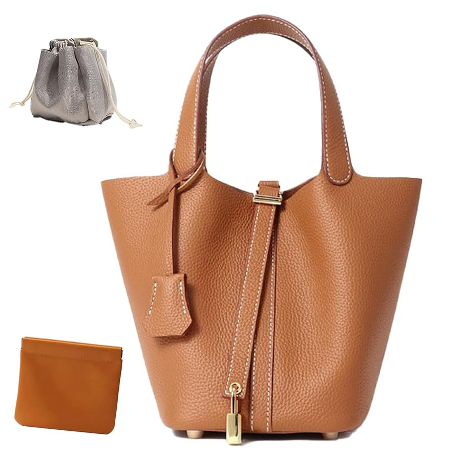 Genuine Leather Lock Design Bucket Bag Vegetable Basket, Fashionable and Versatile Satchel Handba... | Amazon (US)
